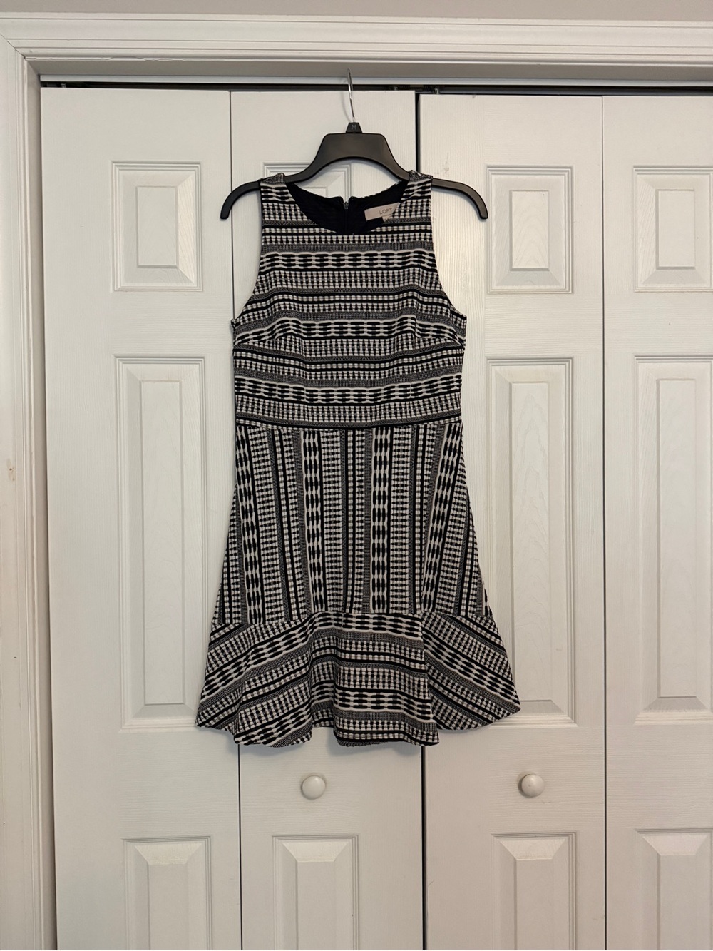 LOFT Black and White Sleeveless Fit-and-Flare Mini Dress